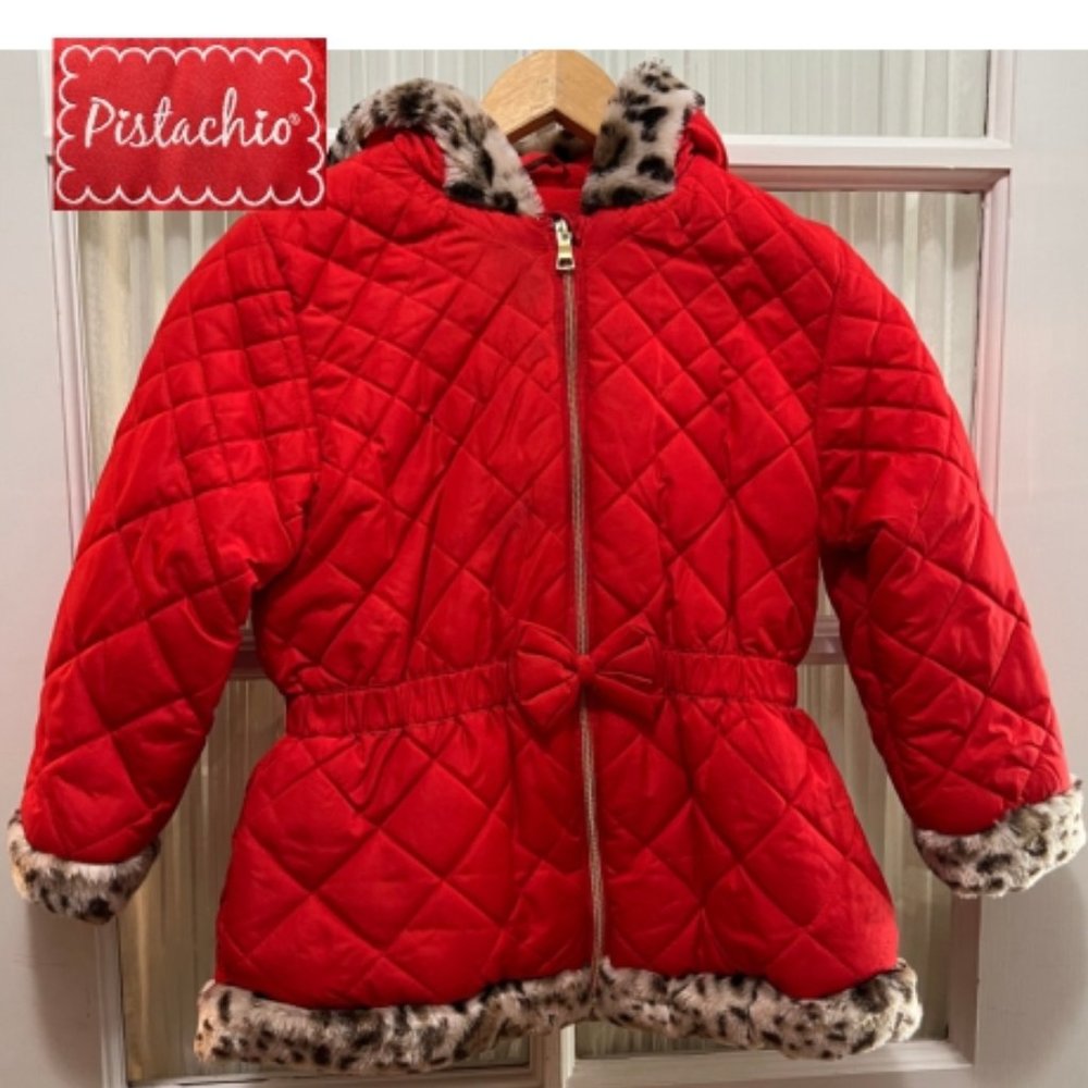 Pistachio quilted, red, hooded puffer coat; girls' size L